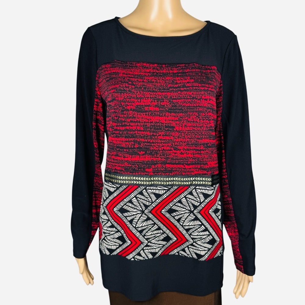 NWT New Susan Graver Black Red Long Sleeve Top Size S